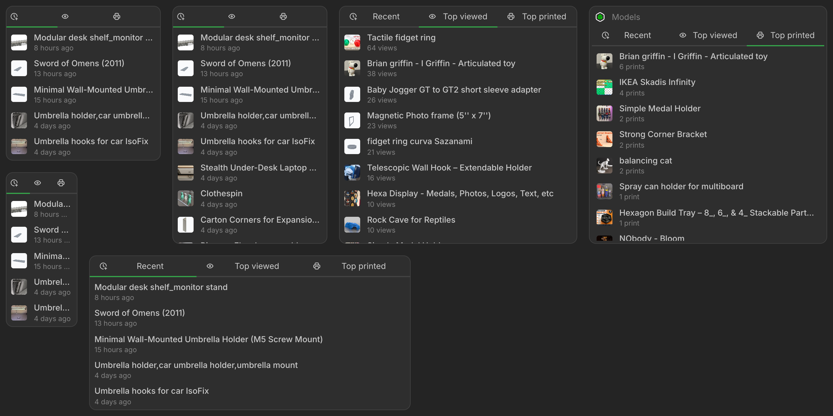 Thingport Models widget at several sizes in dark mode