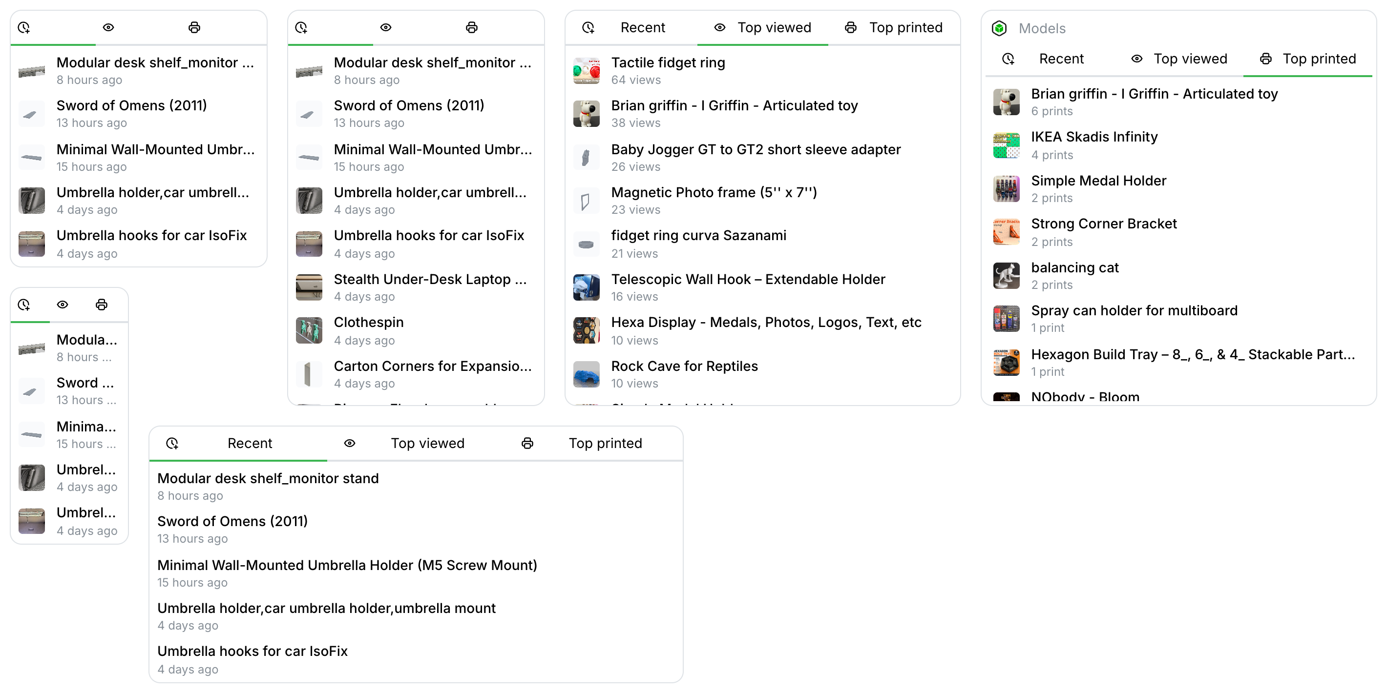 Thingport Models widget at several sizes in light mode