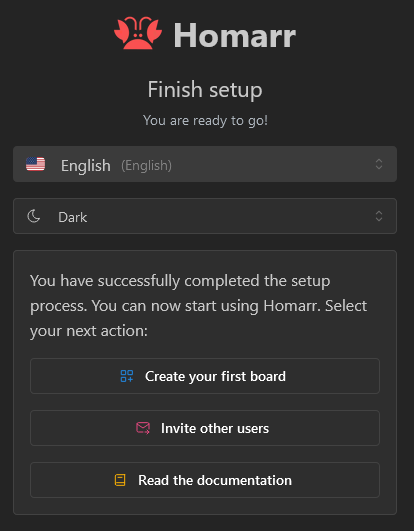 Screenshot of the finish onboarding process with links