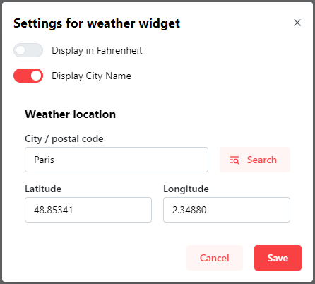 configuration of the weather widget